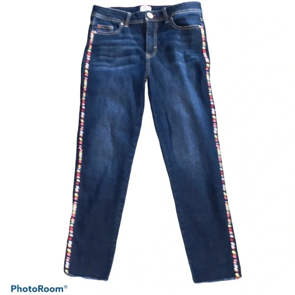 Love Ellen Degeneres dark blue embroidered floral trim loose hem high rise jeans - Picture 3 of 16